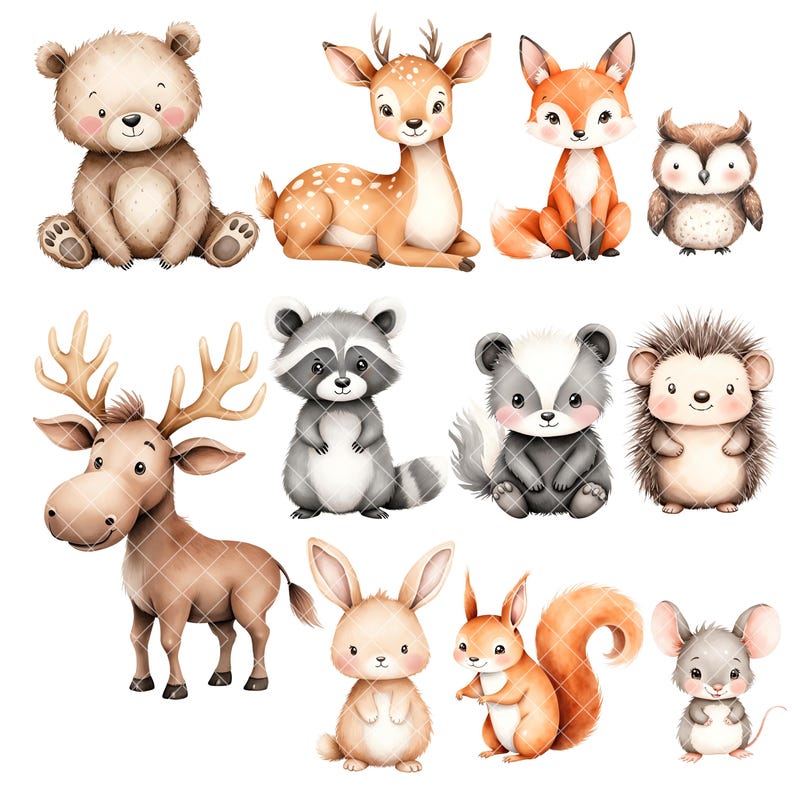 May include: A set of 10 watercolor illustrations of woodland animals, including a bear, deer, fox, owl, raccoon, skunk, hedgehog, rabbit, squirrel, and mouse. The animals are all depicted in a cute and whimsical style.