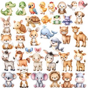 May include: A collection of watercolor illustrations of various animals, including a crocodile, snake, parrot, chick, owl, birds, rabbit, turtle, fish, frog, bat, dog, fox, dolphin, camel, zebra, horse, sheep, donkey, deer, giraffe, koala, cow, elephant, lion, bear, and hippo.