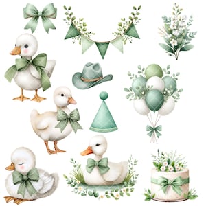 Puede incluir: Ilustraciones en acuarela de patos, lazos, un sombrero de vaquero, un gorro de fiesta, globos, guirnaldas y una tarta. Los patos son blancos con lazos verdes. Los dem&aacute;s elementos son en tonos verdes y blancos, creando un tema caprichoso.