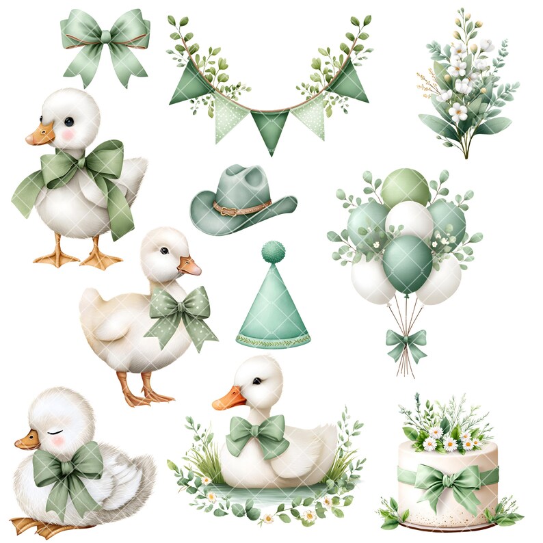 Puede incluir: Ilustraciones en acuarela de patos, lazos, un sombrero de vaquero, un gorro de fiesta, globos, guirnaldas y una tarta. Los patos son blancos con lazos verdes. Los dem&aacute;s elementos son en tonos verdes y blancos, creando un tema caprichoso.