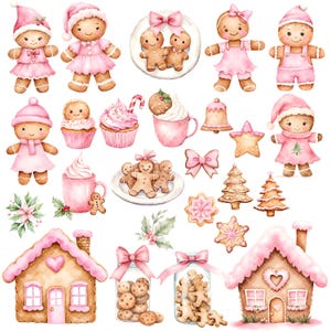 May include: Watercolor illustrations of gingerbread houses, cookies, cupcakes, and other Christmas-themed treats. The illustrations are in pink, white, and red.