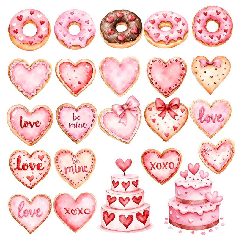 K&ouml;nnte beinhalten: Ein Set mit 18 Aquarell-Illustrationen von Valentinstags-Keksen und -Kuchen. Die Kekse haben die Form von Herzen und Donuts, mit rosa und rotem Zuckerguss und Streuseln. Die Kuchen sind geschichtet und mit Herzen verziert. Die Kekse haben verschiedene Botschaften, darunter "love", "be mine" und "xoxo".