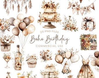 Boho Birthday Clipart - Watercolor - Floral Party Png - Boho - Neutral - Adult Birthday - Cake - Balloons - Wine - Commercial License