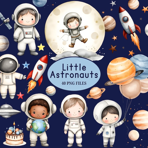 Cute Astronaut Clipart - Watercolor - Outer Space Png - Astronaut Sublimination - Kid's Clipart Bundle - Commercial License