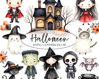 Könnte beinhalten: Ein Set mit 30 digitalen Halloween-Illustrationen mit einem Spukhaus, einem Geist, einem Vampir, einer Hexe, einem Skelett, einem Frankenstein-Monster, einer schwarzen Katze, einer Spinne, einer Fledermaus, einem Kessel, Kürbissen und einem Geist mit einer Katze. Die Illustrationen sind im Aquarellstil gehalten und eignen sich perfekt zum Erstellen von Halloween-Bastelarbeiten, Karten und Dekorationen.