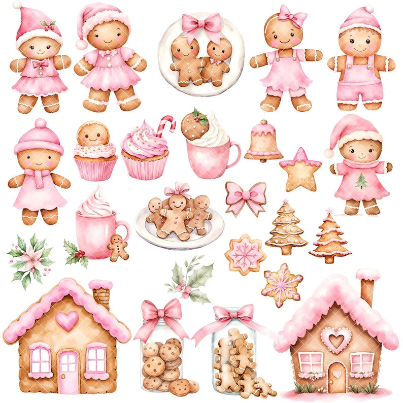 May include: Watercolor illustrations of gingerbread houses, cookies, cupcakes, and other Christmas-themed treats. The illustrations are in pink, white, and red.