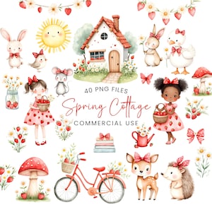 Spring Cottage Clipart - Watercolor - Strawberry Png - Cute Clipart - Cottagecore- Rustic - Farm - Spring Animals - Commercial Use
