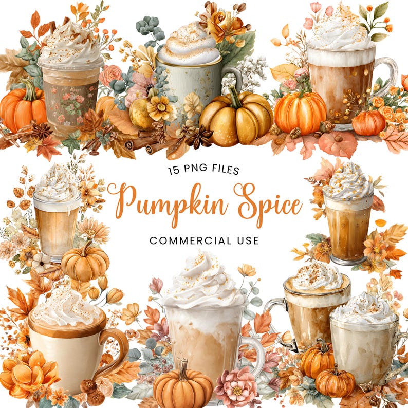 Pumpkin Spice Latte Clipart - Watercolor - Fall Coffee Sublimination ...