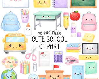 May include: A collection of 70 cute school clipart images. Includes a yellow school bus, a light blue backpack, a green desk, a red apple, a globe, a school building, and other school supplies. The text "CUTE SCHOOL CLIPART" is displayed.