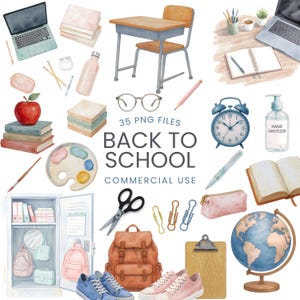 Clipart de volta às aulas - Aquarela - Clipart de professor - Livros - Lápis - Globo - Mochila - Mesa - Suprimentos - Tecnologia - Licença comercial