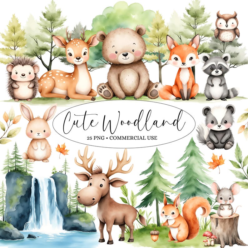 May include: A set of 25 watercolor illustrations featuring cute woodland animals, including a deer, bear, fox, raccoon, hedgehog, bunny, moose, squirrel, and mouse. The illustrations are perfect for creating digital or printed designs.