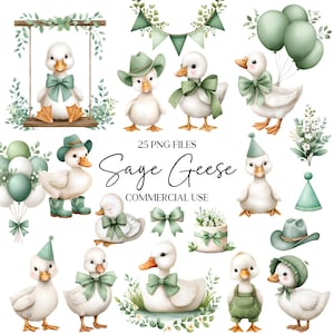 Puede incluir: Una colecci&oacute;n de ilustraciones en acuarela con adorables gansos blancos con detalles en verde salvia. Los gansos est&aacute;n representados con lazos, sombreros y globos, perfectos para baby showers o decoraci&oacute;n de guarder&iacute;as. Tambi&eacute;n se incluye el texto "Sage Geese" y "Commercial Use".