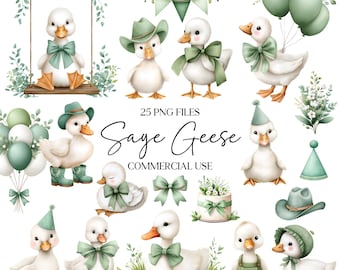 Goose Clipart - Watercolor - Cute Geese Png - Silly Goose - Sage Green Clipart - Birthday - Commercial Use