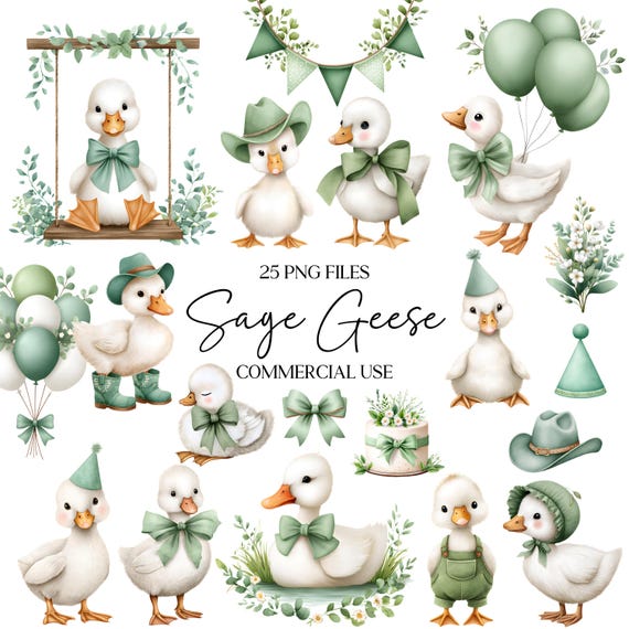 Goose Clipart - Watercolor - Cute Geese Png - Silly Goose - Sage Green Clipart - Birthday - Commercial Use