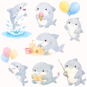 May include: A collection of adorable cartoon sharks in various poses. One shark jumps out of the water, while others hold balloons, eat ice cream, build sandcastles, read a book, and fish. The sharks are primarily light blue with white bellies.