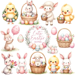Cute Easter Clipart - Watercolor - Easter Png - Bunny - Baby Chick - Lamb - Easter Eggs - Easter Basket Png - Pastel - Commercial License