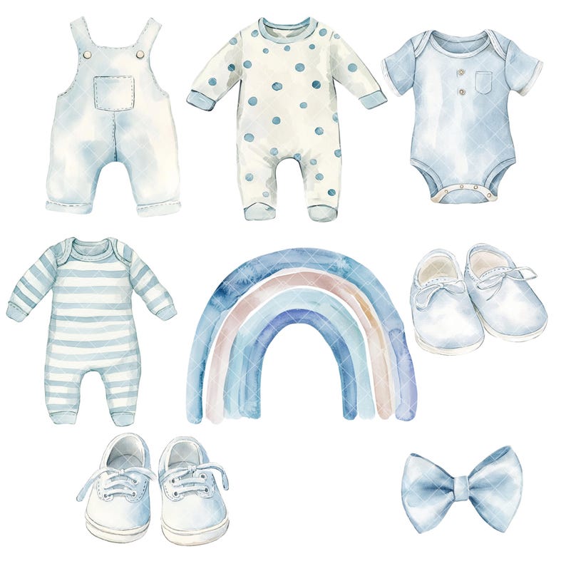 Op de afbeelding: Waterverfillustratie van babykleding voor jongens, waaronder een blauw-wit gestreept rompertje, een blauw-wit gestippeld rompertje, een blauwe overall, een blauw rompertje, een blauwe vlinderdas, een regenboog en twee paar witte schoenen.
