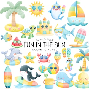 Imágenes prediseñadas divertidas de verano - Acuarela - Lindas - Playa - Piscina - Animales marinos - Uso comercial