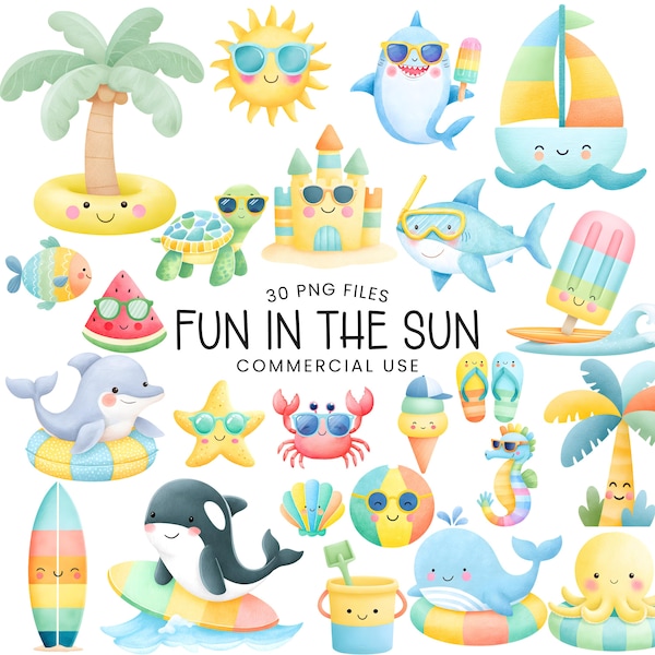 Spaß Sommer Clipart - Aquarell - Süß - Strand - Pool - Meerestiere - Kommerzielle Nutzung
