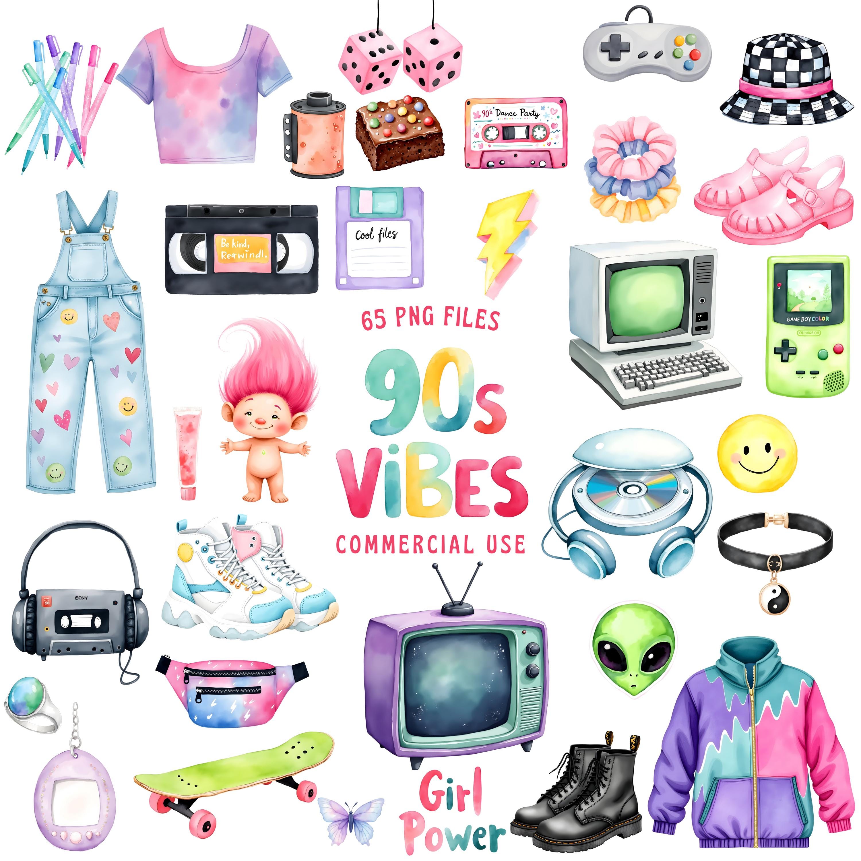 Jaren 90 clipartbundel - aquarel - schattige jaren 90 png - retro - Y2K - trendy clipart - commerciële licentie