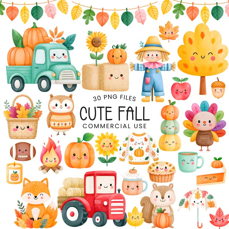 May include: A collection of watercolour illustrations featuring a teal truck with pumpkins, a scarecrow, a turkey, a fox, a squirrel, an owl, a red tractor, autumn leaves, sunflowers, a basket, a jumper, a campfire, and a pie with the text CUTE FALL.