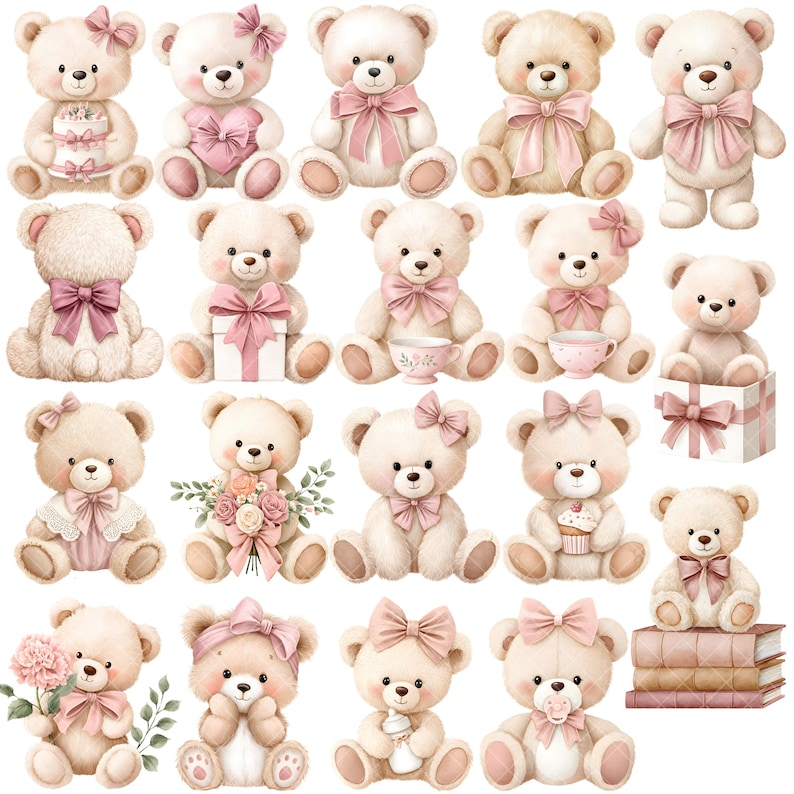 Pink Teddy Bear Clipart - Watercolor - Baby Shower Png - Bows ...