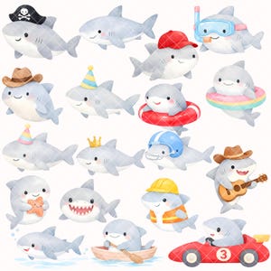 May include: A collection of cartoon shark illustrations in various poses and outfits. Sharks are depicted wearing a pirate hat, cowboy hat, party hat, and more. Some sharks are in a race car, boat, and wearing a life preserver.