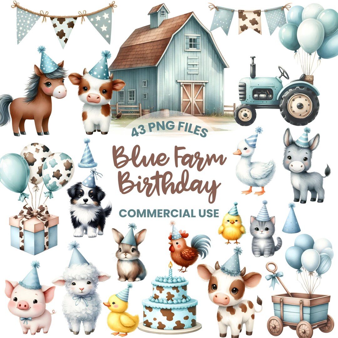Farm Birthday Clipart - Watercolor - Cute Farm Png - Farm Sublimination ...