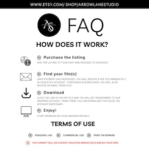 May include: A white graphic with the text "FAQ" and instructions on how to purchase and download files from Etsy. The image includes icons for purchasing, finding files, downloading, and enjoying the product, along with terms of use.