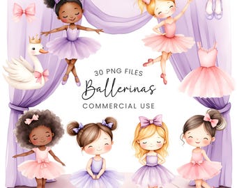 Ballerina Clipart - Watercolor - Cute Kid's Png - Ballet Clipart Bundle - Little Ballerinas - Nursery Art - Commercial License