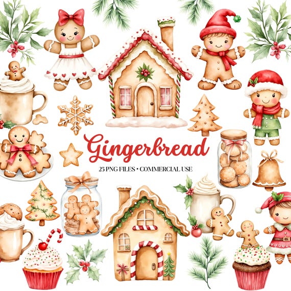 Watercolor Gingerbread Clipart - Christmas Png - Cute Clipart - Gingerbread Cookies - Gingerbread House - Hot Cocoa Clipart - Commercial use