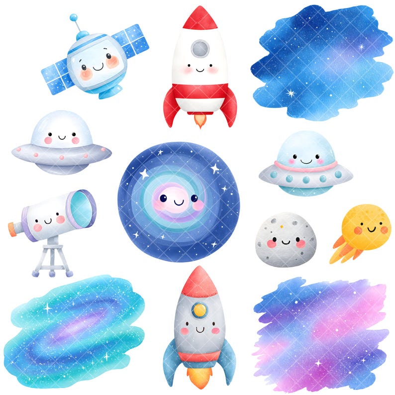 K&ouml;nnte beinhalten: Aquarell-Illustration mit Weltraum-Elementen, darunter ein Satellit, Raketen, Ufos, ein Teleskop, Planeten und Galaxien. Jedes Element hat ein niedliches, l&auml;chelndes Gesicht, vor wei&szlig;em Hintergrund.