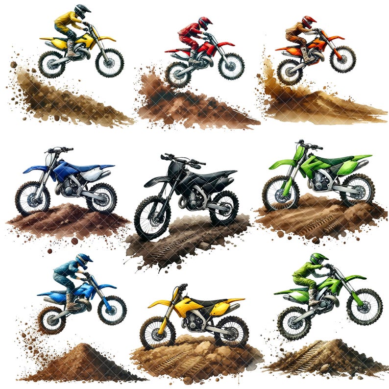 May include: Nine different motocross riders in action, each riding a dirt bike on a dirt track. The riders are wearing helmets and racing gear. The bikes are all different colours, including red, blue, green, yellow, and black.