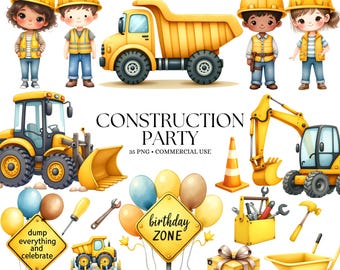 Baustelle Clipart - Aquarell - Baustelle Geburtstag Png - Baustellenfahrzeuge - Niedliche Kinder Clipart - Kipplaster - Kommerzielle Nutzung