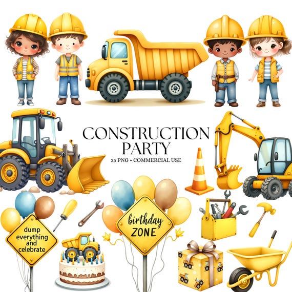 Construction Clipart - Watercolor - Construction Birthday Png - Construction Vehicles - Cute Kids Clipart - Dump Truck - Commercial use