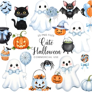 Pode incluir: Uma coleção de ilustrações fofas com tema de Halloween. Inclui um gato preto, fantasmas, abóboras, um morcego, balões, uma aranha, um caldeirão e um balde de doces de abóbora. O texto "Cute Halloween" também está presente.