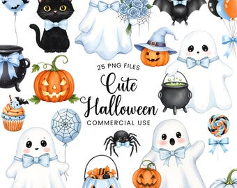 Può includere: Una collezione di simpatiche illustrazioni a tema Halloween. Include un gatto nero, fantasmi, zucche, un pipistrello, palloncini, un ragno, un calderone e un secchio di caramelle a forma di zucca. È presente anche il testo "Cute Halloween".