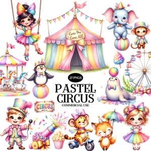 Clipart de circo pastel - Acuarela - Clipart de carnaval - Circo Png - Clipart lindo - Subliminación - Licencia comercial