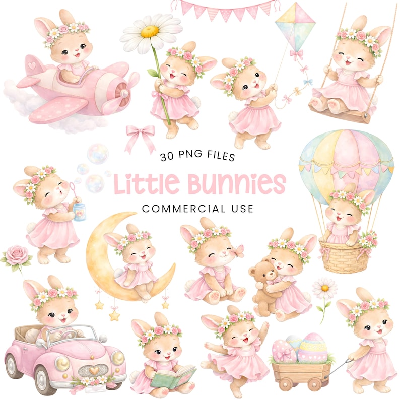 May include: Watercolor illustrations of adorable bunnies in pink dresses, each adorned with floral crowns. The image includes bunnies with a plane, holding a daisy, on a swing, and in a hot air balloon. Text reads "Little Bunnies" and "Commercial Use".