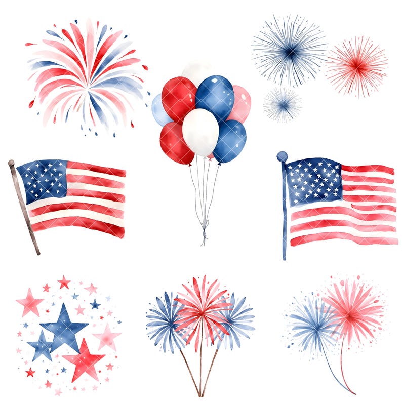 May include: Watercolor illustrations of patriotic symbols, including American flags, fireworks, and balloons in red, white, and blue. Stars and bursts of color evoke a festive atmosphere, perfect for Independence Day or other celebrations.