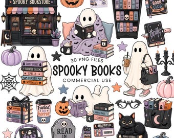 May include: A collection of digital illustrations featuring ghosts, black cats, pumpkins, and books with text including Spooky Bookstore, Spooky Book Club Journal, Fueled by Horror, Read in Peace, and Audio Book Ghoul, designed for commercial use.