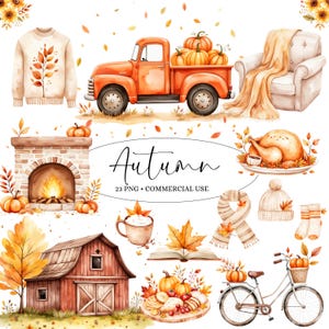 May include: A set of 23 autumn-themed watercolor illustrations, including a red truck with pumpkins, a fireplace, a barn, a bicycle, a book, a cup of coffee, a turkey, a scarf, a hat, and socks. The illustrations are perfect for fall-themed crafts, scrapbooking, and digital design.