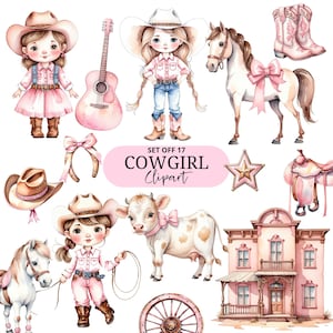 Cute cowgirl clipart - Watercolor - PNG images - Wild west - Clipart bundle - Horse - Western - Cowboy Boots - Kids Clipart - First Rodeo