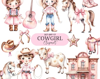 Cute cowgirl clipart - Watercolor - PNG images - Wild west - Clipart bundle - Horse - Western - Cowboy Boots - Kids Clipart - First Rodeo