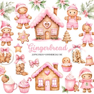 May include: A set of 25 digital illustrations featuring gingerbread houses, gingerbread people, and other gingerbread-themed elements. The illustrations are in a watercolor style and feature pink, brown, and white colors. The text "Gingerbread" is included in the image.