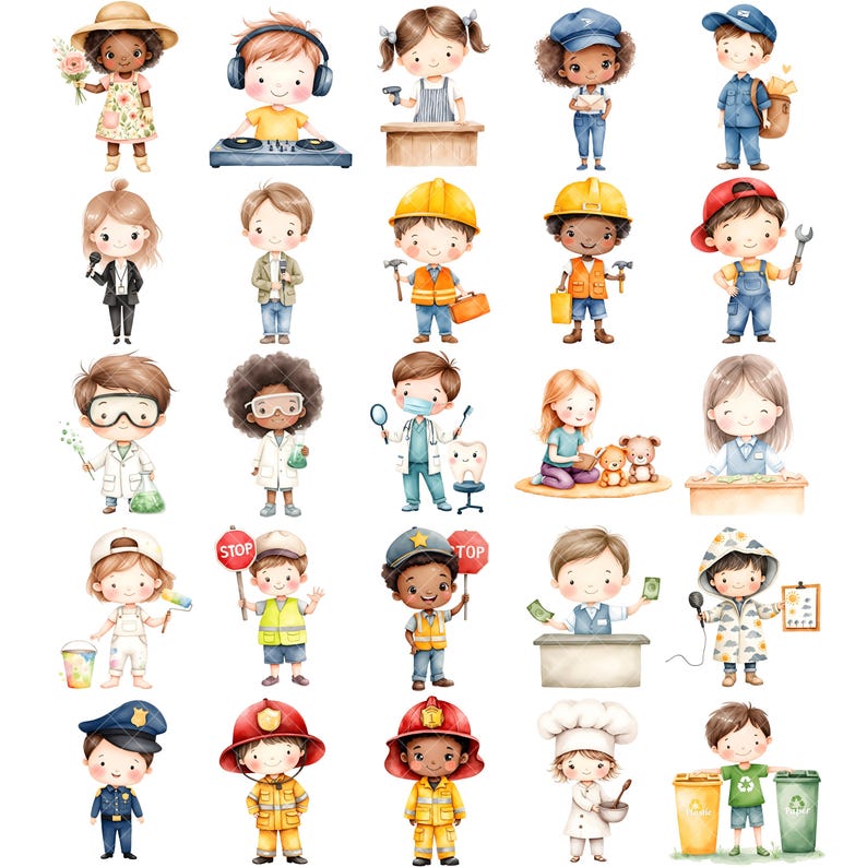 Pode incluir: Ilustra&ccedil;&otilde;es em aquarela de crian&ccedil;as vestidas com v&aacute;rias profiss&otilde;es, incluindo chef, m&eacute;dico, bombeiro e policial. Cada crian&ccedil;a &eacute; retratada com ferramentas ou adere&ccedil;os associados, como um estetosc&oacute;pio, martelo ou sinal de stop. As ilustra&ccedil;&otilde;es t&ecirc;m uma est&eacute;tica suave e colorida.