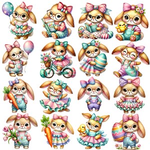 May include: A set of 16 digital illustrations of cute bunnies dressed in various outfits for Easter. The bunnies are wearing dresses, shirts, and pants with Easter-themed designs. Some bunnies are holding Easter eggs, baskets, and other Easter-themed items.
