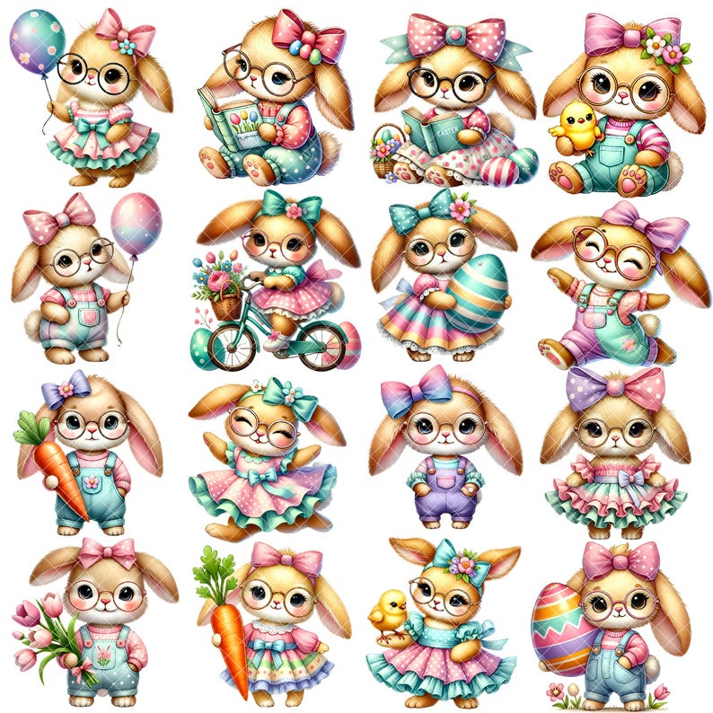 May include: A set of 16 digital illustrations of cute bunnies dressed in various outfits for Easter. The bunnies are wearing dresses, shirts, and pants with Easter-themed designs. Some bunnies are holding Easter eggs, baskets, and other Easter-themed items.