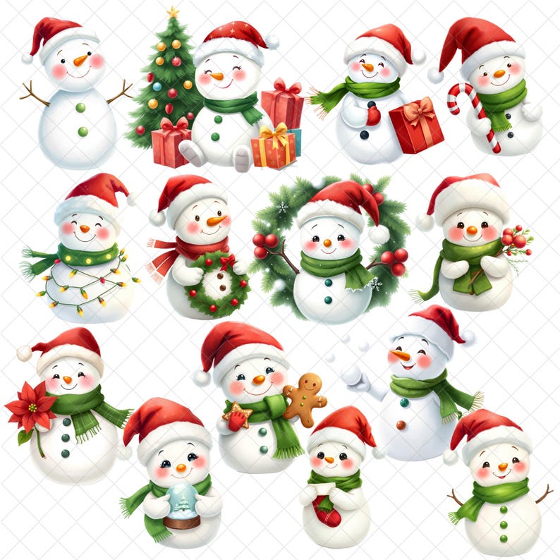 May include: A collection of 16 cartoon snowmen wearing red and white Santa hats and green scarves. Some snowmen are holding gifts, candy canes, wreaths, and other festive items.