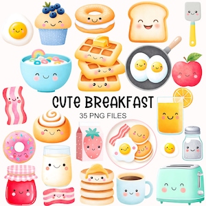 Clipart de desayuno - Acuarela - Lindo Kawaii Png - Uso comercial